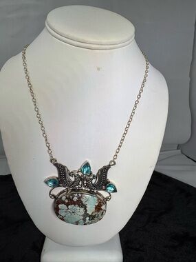 Tibetan large Cabochon Spiderweb Chocolate Matrix Turquoise Pendant .925